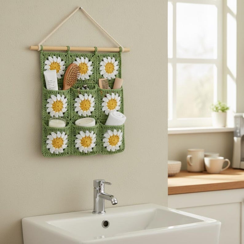 May include: A green crochet wall organizer with nine pockets, each featuring a daisy design with yellow centers and white petals. The organizer hangs from a wooden dowel and holds toiletries and accessories.
