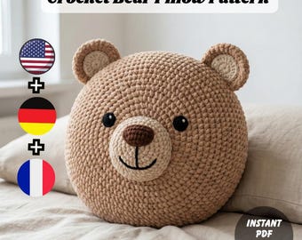 Mönster för virkad björnkudd i PDF-format | Söt amigurumikudd | Virkad nallebjörnskudde | Nybörjarvänligt mönster för rund kudd EN/DE/Franska