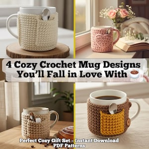 May include: Four crochet mug designs are shown, each with a unique cozy. The mugs are white or beige, and the cozies are in various colors, including beige, pink, and brown. Each mug has a spoon. The text reads "4 Cozy Crochet Mug Designs You'll Fall in Love With."