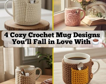 Crochet Mug Cozy Pattern Bundle | 4-in-1 Coffee Cup Sleeve (PDF)