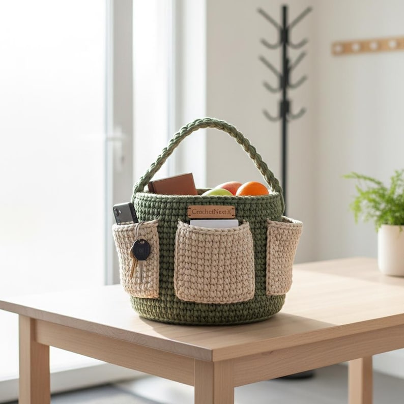 May include: A green crocheted tote bag with three beige pockets and a braided handle. The bag contains a wallet, a phone, keys, and fruit. The label on the bag reads "CrochetNest X". The bag is sitting on a wooden table.