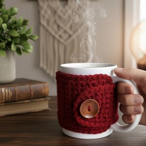 May include: A white ceramic mug with a deep red crocheted cosy and a wooden button. The mug contains a hot drink, with steam rising. The mug is held by a person.