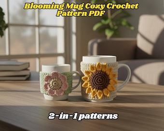 Flower Mug Cozy Crochet Pattern PDF – Sunflower Mug Cozy Pattern – Easy Crochet Mug Sleeve – Cute Coffee Cup Cozy– Beginner Friendly Pattern