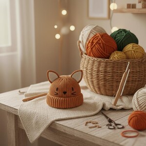 Pode incluir: Um gorro de beb&ecirc; laranja tricotado com orelhas de gato e um rosto costurado est&aacute; sobre um tecido creme. Uma cesta de vime cont&eacute;m novelos de l&atilde; nas cores laranja, verde e amarelo. Uma agulha de croch&ecirc; e uma tesoura est&atilde;o sobre a mesa de madeira.