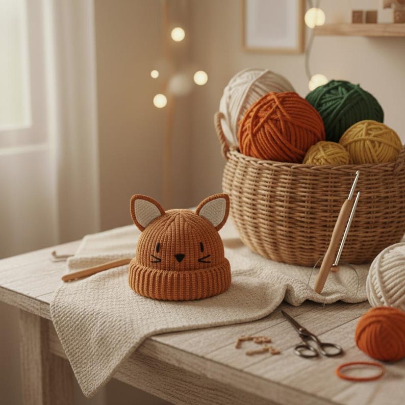 Pode incluir: Um gorro de beb&ecirc; laranja tricotado com orelhas de gato e um rosto costurado est&aacute; sobre um tecido creme. Uma cesta de vime cont&eacute;m novelos de l&atilde; nas cores laranja, verde e amarelo. Uma agulha de croch&ecirc; e uma tesoura est&atilde;o sobre a mesa de madeira.
