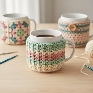 May include: White ceramic mug with a crocheted cozy in pastel colors. The cozy features stripes of cream, light green, and pink. Two other mugs with crocheted cozies are in the background. The mugs are on a light wooden surface.