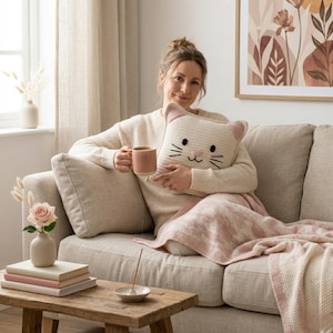 Peut inclure: Un coussin en forme de chat cr&egrave;me avec des accents roses est tenu sur un canap&eacute; beige. Une couverture rose et blanche est drap&eacute;e sur le canap&eacute;. Une personne tient une tasse rose. Une table en bois contient des livres et un vase avec une rose.