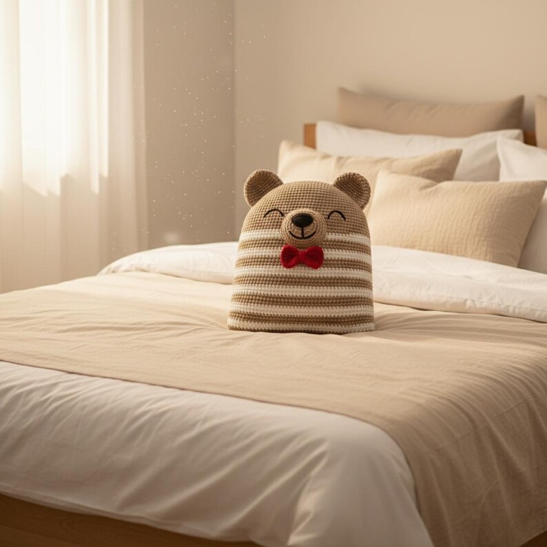 May include: A handmade, crocheted bear-shaped pillow with a smiling face and a red bow tie. The pillow features alternating horizontal stripes of beige and white. It is placed on a bed with neutral-toned bedding.