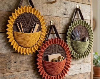 Organiseur mural tournesol, modèle PDF au crochet, pochette de rangement suspendue, décoration d'intérieur bohème, organisateur de chambre d'enfant, cadeau au crochet, modèle DIY facile