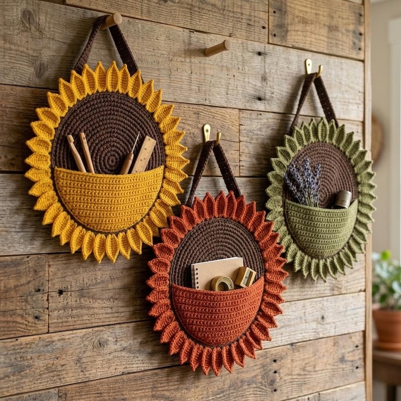 May include: Three circular crochet wall organizers shaped like flowers. The left one is yellow, the center is orange, and the right is green. Each has a dark brown center with a pocket containing craft supplies like hooks, a notebook, and lavender.