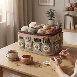 May include: A rectangular beige storage basket with a dark brown rim and exterior pockets featuring crocheted daisy motifs. The basket holds various yarn balls, scissors, pencils, and a remote. A wooden yarn bowl and a ceramic mug sit nearby.
