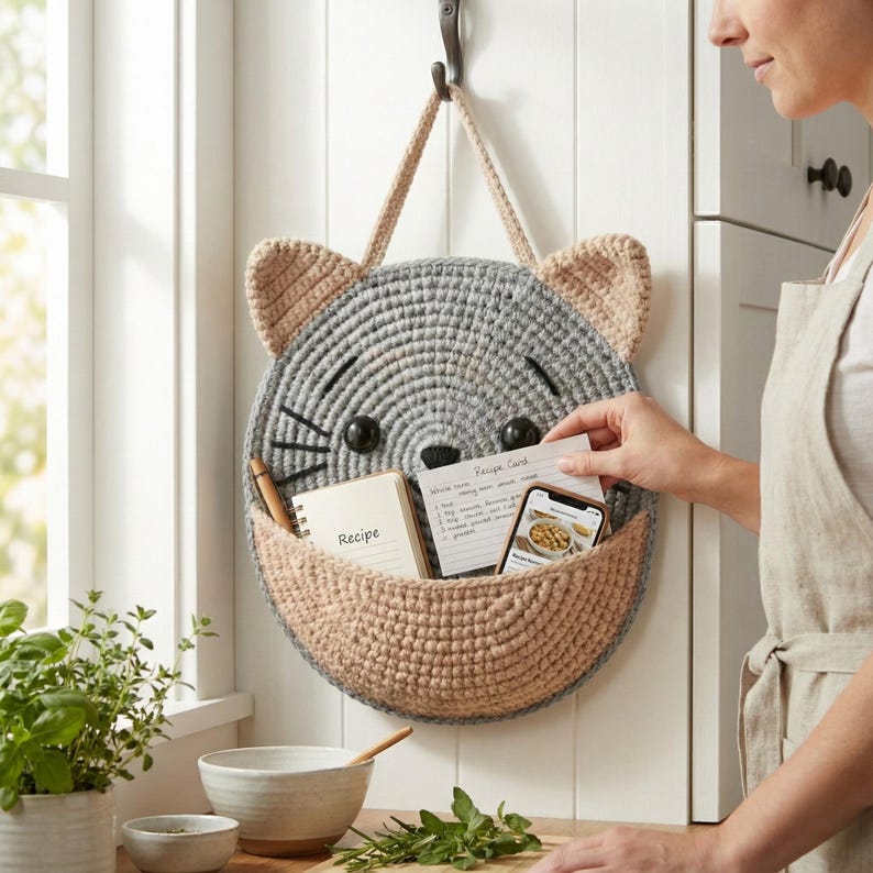 K&ouml;nnte beinhalten: Ein geh&auml;kelter, katzenf&ouml;rmiger Wandorganizer in Grau und Beige mit einem Korb zur Aufbewahrung. Die Katze hat schwarze Knopfaugen und Schnurrhaare. Eine Person legt eine Rezeptkarte in den Korb. Der Organizer h&auml;ngt an einer Wand.