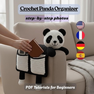 May include: A crochet panda organizer with pockets, resting on a sofa arm. The panda has a white head with black ears and eyes. The organizer is black and white, with the text "Crochet Panda Organizer" and "PDF Tutorials for Beginners".