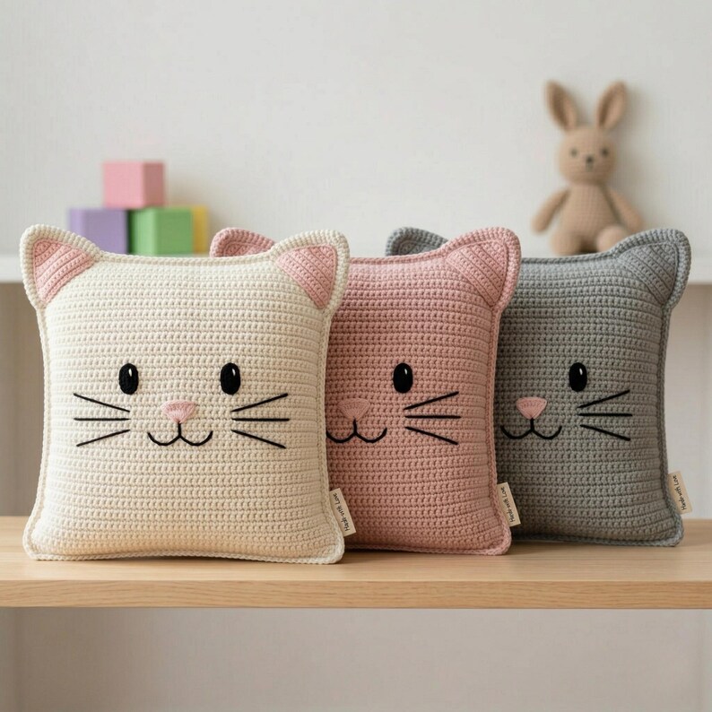 Peut inclure: Trois coussins carr&eacute;s en crochet repr&eacute;sentant des chats, de couleur cr&egrave;me, rose et grise, chacun avec des traits de visage brod&eacute;s. Les coussins ont des oreilles pointues avec des accents roses et des moustaches noires. Un petit lapin en peluche est en arri&egrave;re-plan.