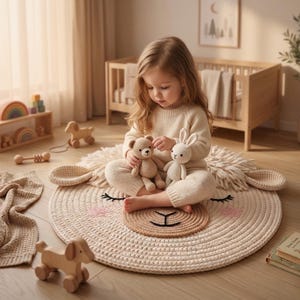Puede incluir: Una ni&ntilde;a sentada sobre una alfombra redonda color crema con un dise&ntilde;o de cara de oveja. La alfombra est&aacute; rodeada de juguetes de madera, una manta y una cuna. La ni&ntilde;a sostiene un osito de peluche y un conejito de ganchillo. La habitaci&oacute;n est&aacute; ba&ntilde;ada de luz natural.