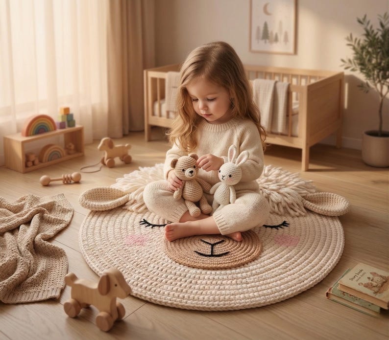 Puede incluir: Una ni&ntilde;a sentada sobre una alfombra redonda color crema con un dise&ntilde;o de cara de oveja. La alfombra est&aacute; rodeada de juguetes de madera, una manta y una cuna. La ni&ntilde;a sostiene un osito de peluche y un conejito de ganchillo. La habitaci&oacute;n est&aacute; ba&ntilde;ada de luz natural.