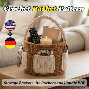 Patrón de cesta de ganchillo / Cesta de almacenamiento con bolsillos y asa (PDF), Tutorial de crochet para organizar el hogar moderno (DIY), Organizador de sofá de crochet