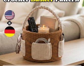 Crochet Basket Pattern | Storage Basket with Pockets and Handle PDF, Modern Home Organization Crochet Tutorial DIY , Sofa Organizer Crochet