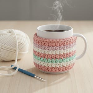 May include: A white ceramic mug with a colorful, crocheted cozy. The cozy features horizontal stripes of pink, white, light green, and lavender. A ball of white yarn and a blue crochet hook are also in the image. The mug contains a dark liquid, possibly coffee.