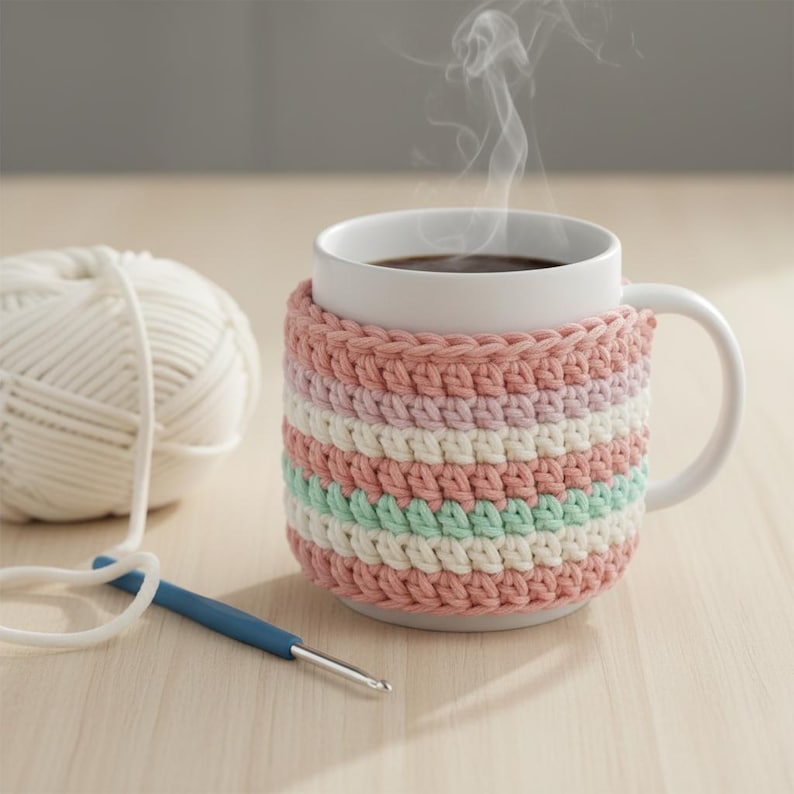 May include: A white ceramic mug with a colorful, crocheted cozy. The cozy features horizontal stripes of pink, white, light green, and lavender. A ball of white yarn and a blue crochet hook are also in the image. The mug contains a dark liquid, possibly coffee.
