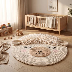 Puede incluir: Una alfombra redonda con forma de llama de color crema con una cabeza esponjosa y una cara sonriente es el punto focal de una guardería. Una cuna de madera, juguetes y una manta también están en la habitación. La alfombra tiene unos 120 cm de diámetro.
