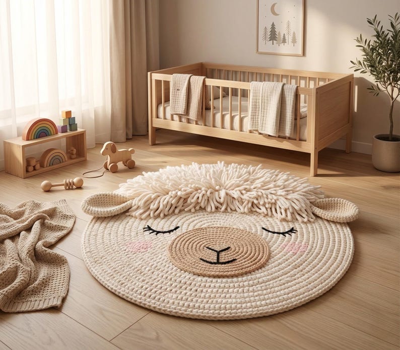 Puede incluir: Una alfombra redonda con forma de llama de color crema con una cabeza esponjosa y una cara sonriente es el punto focal de una guarder&iacute;a. Una cuna de madera, juguetes y una manta tambi&eacute;n est&aacute;n en la habitaci&oacute;n. La alfombra tiene unos 120 cm de di&aacute;metro.