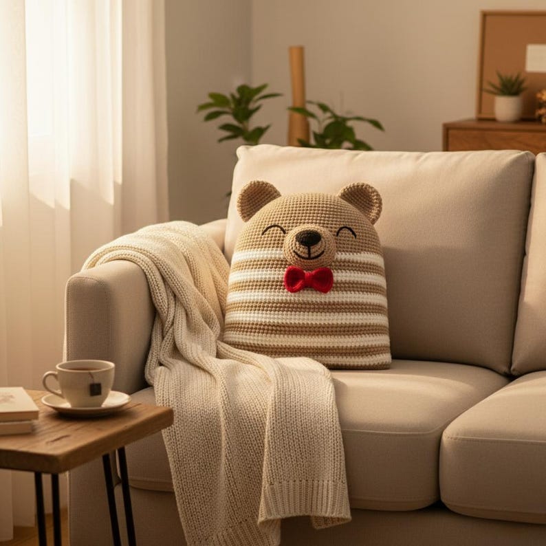 May include: A beige and white striped bear-shaped pillow with a red bow tie rests on a beige sofa. The pillow has a smiling face with black eyes and a black nose. A cream-colored knitted blanket is draped over the sofa.