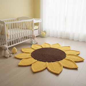 May include: A handmade, crochet sunflower rug with a brown center and yellow petals. The rug is placed on a light wood floor in a nursery setting, with a white crib and stuffed animals in the background.