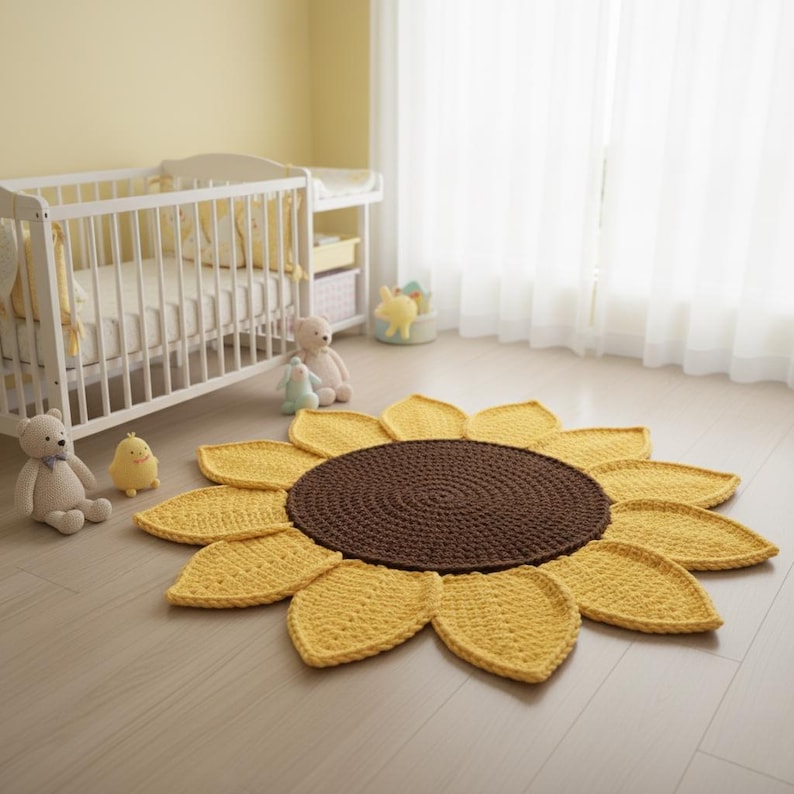 May include: A handmade, crochet sunflower rug with a brown center and yellow petals. The rug is placed on a light wood floor in a nursery setting, with a white crib and stuffed animals in the background.