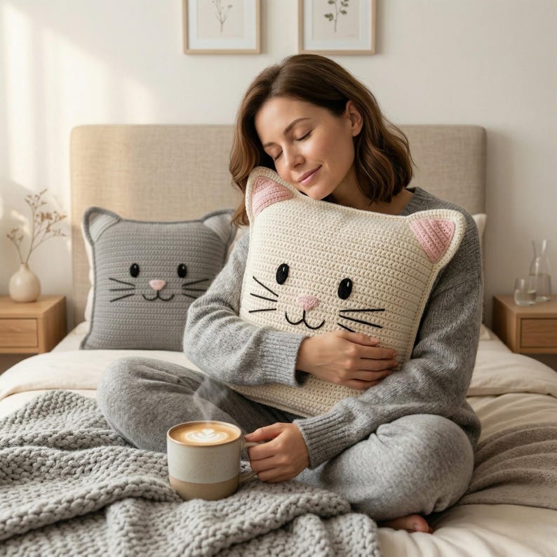 Peut inclure: Deux coussins carr&eacute;s en crochet en forme de chat, cr&egrave;me et gris, avec des accents d'oreilles roses et des traits du visage brod&eacute;s. Un coussin cr&egrave;me est tenu. Une tasse de caf&eacute; est pos&eacute;e sur une couverture grise. Les coussins sont sur un lit.