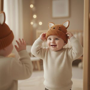 Pode incluir: Um beb&ecirc; sorrindo usando um su&eacute;ter de malha bege e um gorro marrom com orelhas de raposa. O beb&ecirc; est&aacute; olhando para um espelho e tocando no chap&eacute;u. O gorro tem orelhas internas brancas e tra&ccedil;os faciais bordados.
