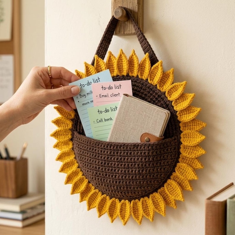 May include: A sunflower-shaped crochet wall pocket featuring a dark brown center pouch and bright yellow petals. The pocket holds three to-do list note cards and a small beige notebook with a brown button closure, hanging from a wooden hook.