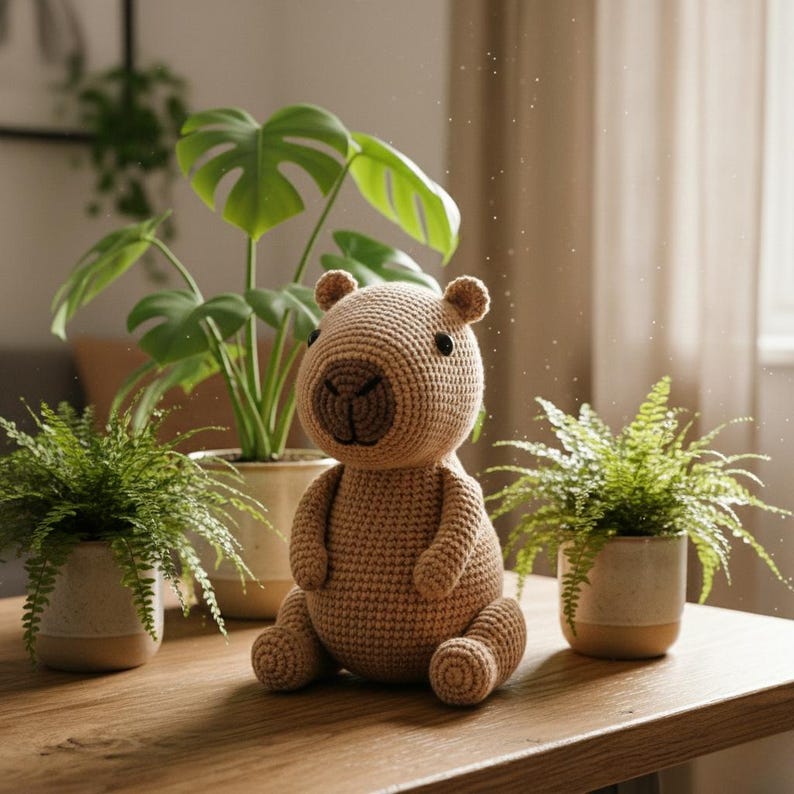Pu&ograve; includere: Un peluche di capibara fatto a mano, all'uncinetto in tonalit&agrave; marroni, &egrave; appoggiato su una superficie di legno. Il peluche ha un viso dettagliato ed &egrave; circondato da piante verdi in vaso, creando un'estetica accogliente e naturale. &Egrave; un oggetto decorativo affascinante.