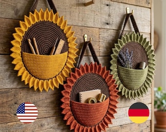 Sunflower Wall Organizer Crochet Pattern PDF, Hanging Storage Pocket, Boho Home Decor, Nursery Organizer, Crochet Gift, Easy DIY Pattern