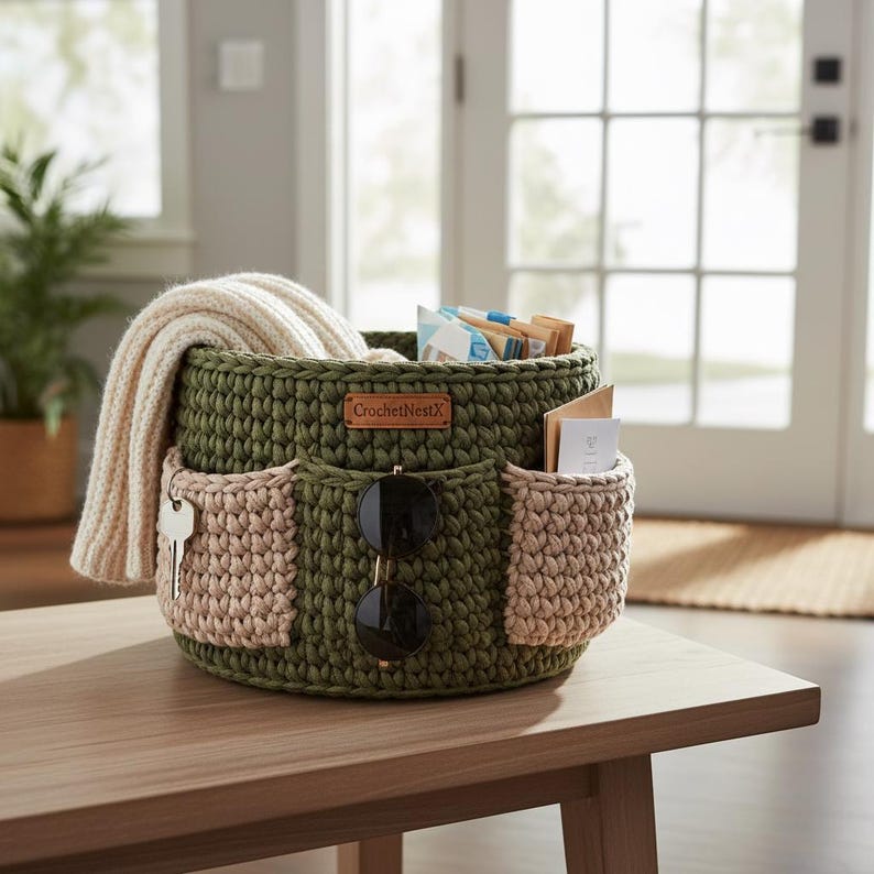 May include: A green and tan crochet basket with multiple pockets, holding a cream-colored scarf, sunglasses, and other items. The basket has a leather tag that reads "CrochetNestX". The basket is sitting on a wooden table.