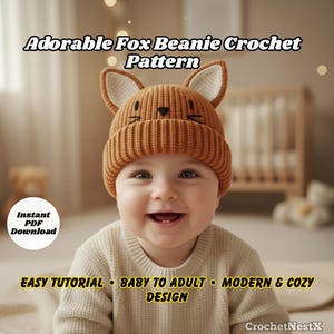 Pode incluir: Um beb&ecirc; sorrindo usando um gorro de raposa marrom com detalhes brancos nas orelhas. O gorro tem um nariz e bigodes bordados em preto. O texto na imagem diz: "Adorable Fox Beanie Crochet Pattern", "Instant PDF Download", "Easy Tutorial", "Baby to Adult" e "Modern & Cozy Design".