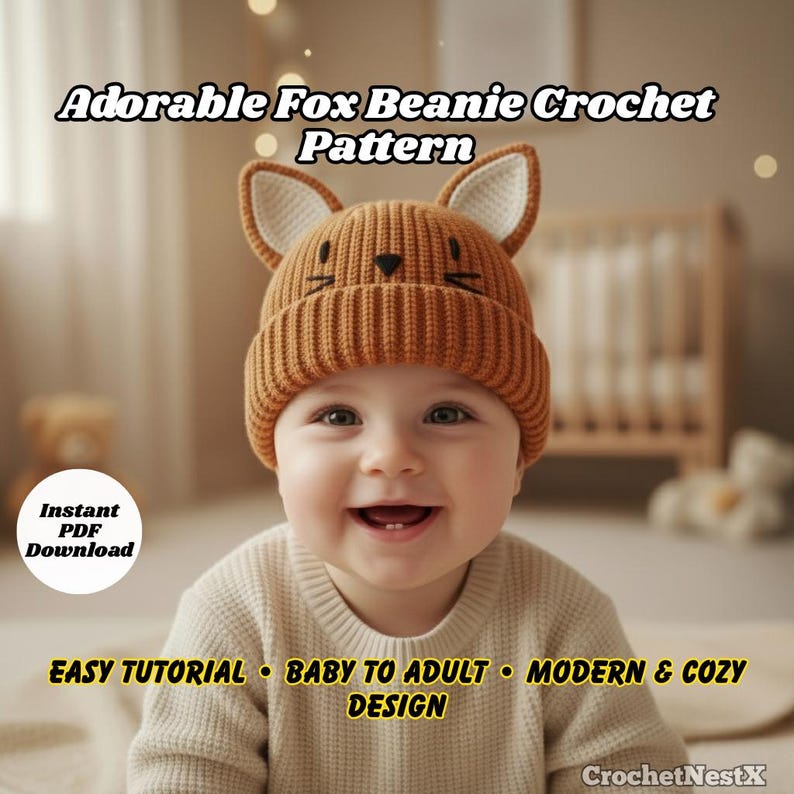 Pode incluir: Um beb&ecirc; sorrindo usando um gorro de raposa marrom com detalhes brancos nas orelhas. O gorro tem um nariz e bigodes bordados em preto. O texto na imagem diz: "Adorable Fox Beanie Crochet Pattern", "Instant PDF Download", "Easy Tutorial", "Baby to Adult" e "Modern & Cozy Design".