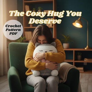 May include: A crochet pattern PDF with the text "The Cozy Hug You Deserve." The image shows a person hugging a gray and white cat-shaped crochet pillow. The pillow has a pink center and is being embraced in a green armchair.