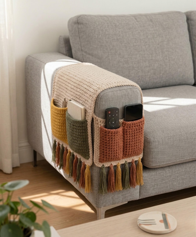 K&ouml;nnte beinhalten: Beige geh&auml;kelter Sofa-Arm-Organizer mit mehreren Taschen in Senfgelb, Olivgr&uuml;n und Rostfarben. Der Organizer hat dekorative Quasten in passenden Farben und h&auml;lt eine Fernbedienung, ein Telefon und ein Buch.