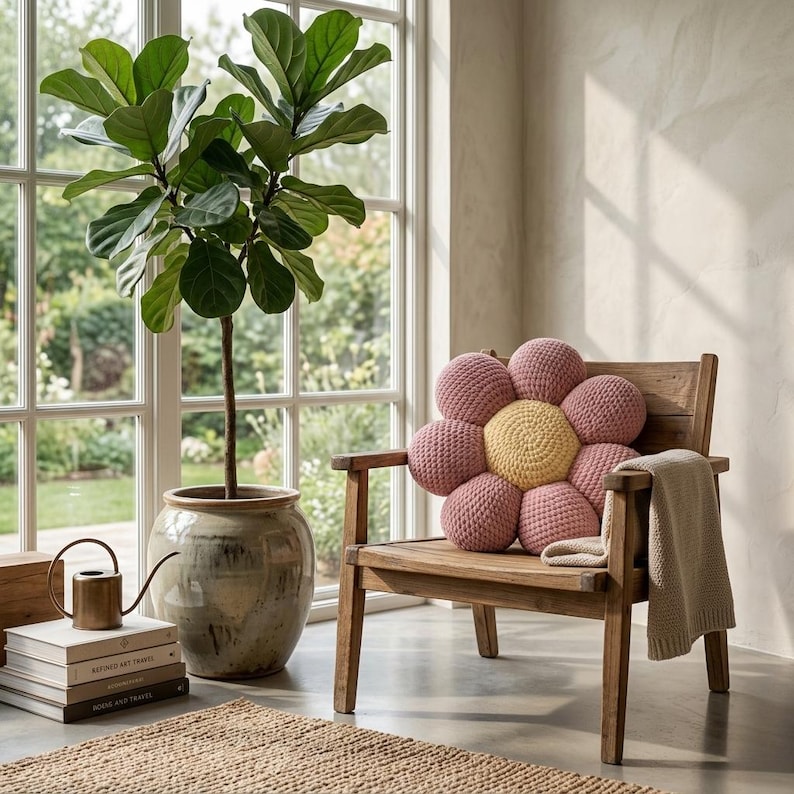 May include: A wooden armchair with a flower-shaped pillow in shades of pink and yellow. A potted plant with large green leaves sits near a window. A small watering can and books are on a wooden surface.