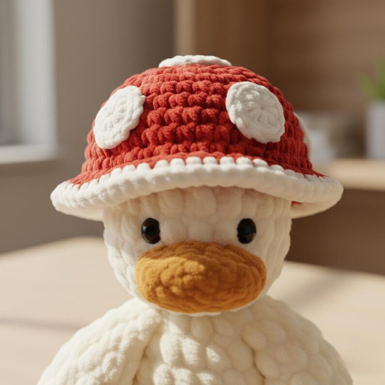 May include: A plush white duck wearing a red and white crochet mushroom hat. The hat has white spots and a white brim. The duck has a yellow-orange beak and black eyes. The toy is made of soft, textured yarn.