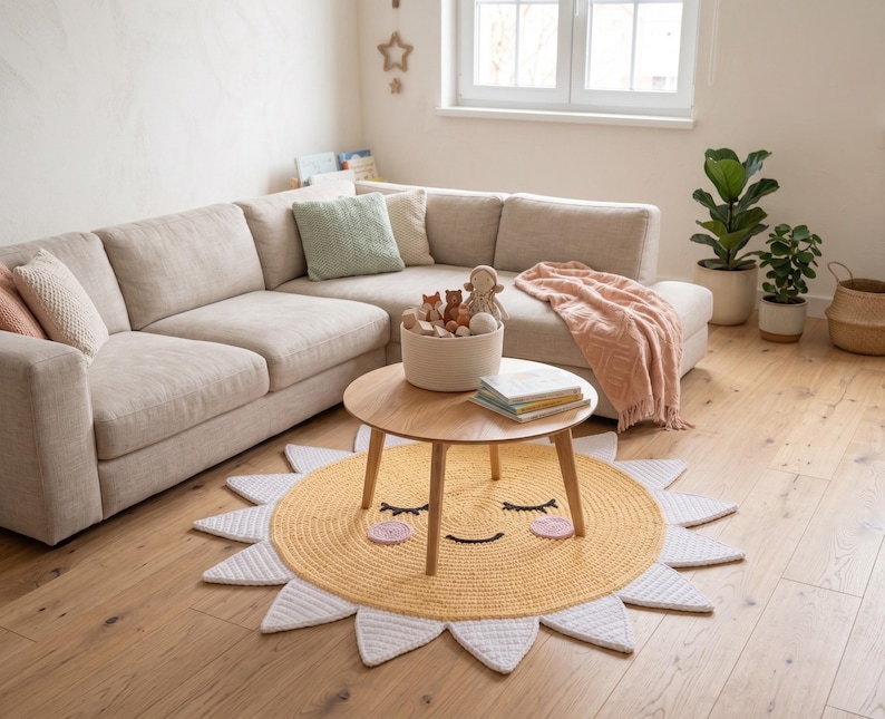 Puede incluir: Una alfombra amarilla y blanca con forma de sol y una cara sonriente sobre un suelo de madera. Una mesa de centro redonda de madera est&aacute; sobre la alfombra. Un sof&aacute; seccional beige, plantas y una cesta de mimbre est&aacute;n en el fondo.