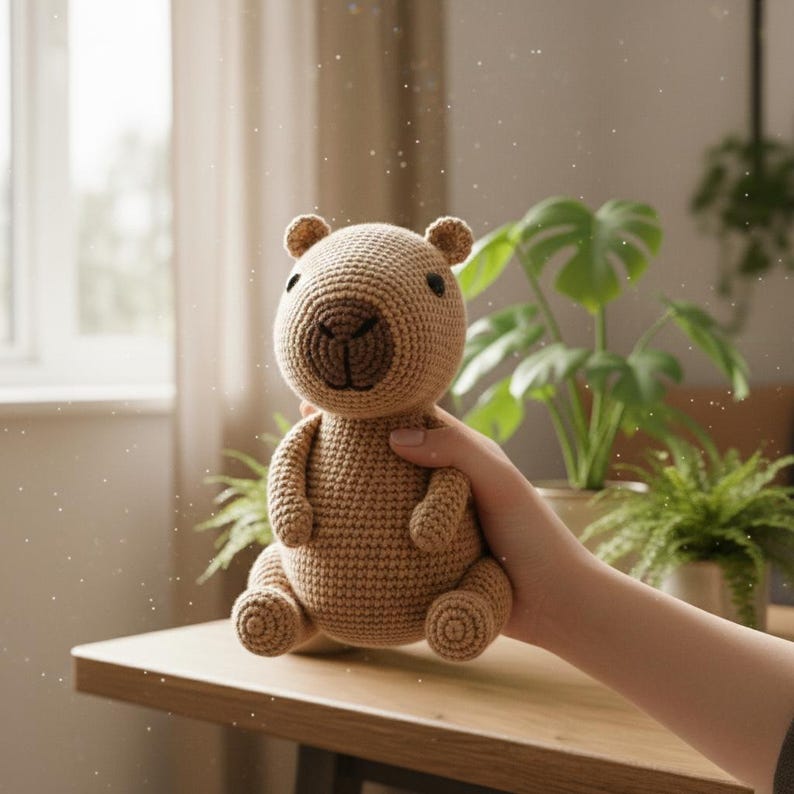 Pu&ograve; includere: Un peluche di capibara all'uncinetto fatto a mano, nei toni del beige e del marrone. L'animale di peluche ha una testa rotonda con piccole orecchie e un muso marrone scuro, ed &egrave; seduto con le braccia e le gambe distese. Il giocattolo &egrave; tenuto davanti a un tavolo di legno, con piante sullo sfondo.