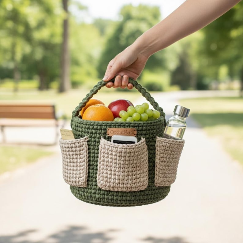 May include: A green crocheted tote bag with multiple pockets, filled with fruit and a water bottle. The bag has a braided handle and a small tag that reads "CrochetNesta". The pockets are a light beige color.