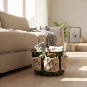 May include: A green and beige crochet storage basket with multiple pockets. The basket holds a remote control, a phone, and reading materials. The basket is sitting on a wooden floor near a beige sofa.