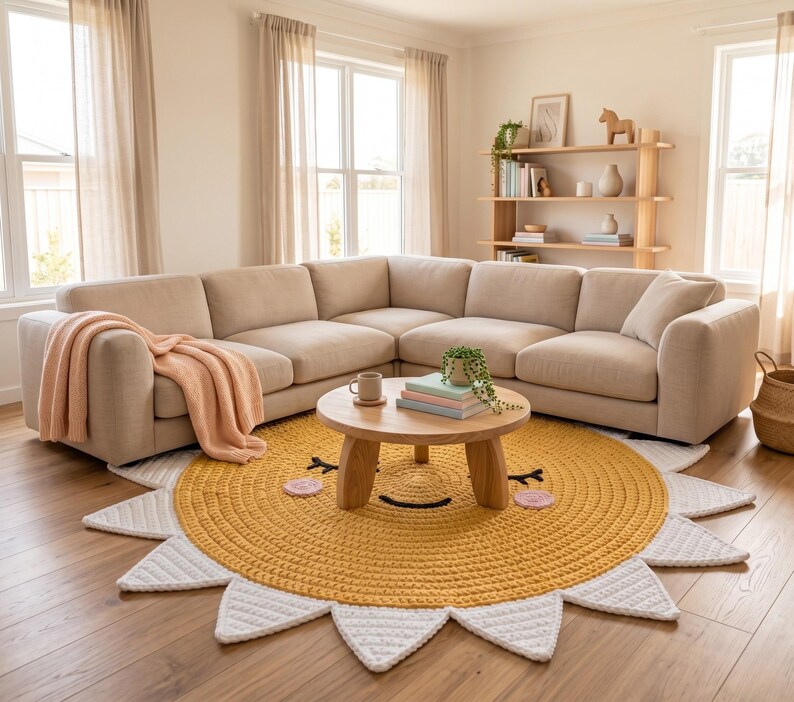 Puede incluir: Un sof&aacute; seccional beige con una manta color melocot&oacute;n. Una mesa de centro redonda de madera est&aacute; sobre una alfombra con forma de sol amarilla y blanca. La alfombra tiene un dise&ntilde;o de cara sonriente. Una peque&ntilde;a planta y libros est&aacute;n sobre la mesa.