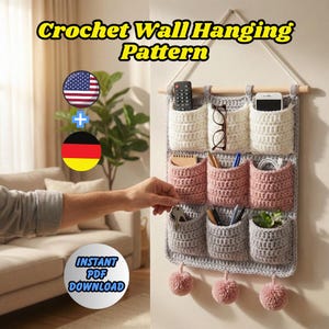 Crochet Wall Hanging Pattern PDF, Hanging Wall Organizer with 9 Pockets, Wall Storage Crochet Pattern, Boho Home Decor Organizer EN/DE