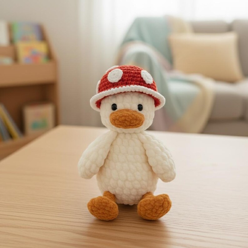 May include: A handmade white crochet duck wearing a red mushroom hat with white spots. The duck has an orange beak and feet. The plush toy is sitting on a light brown wooden surface.