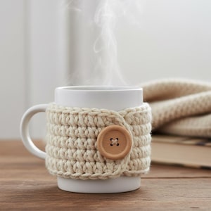 May include: A white ceramic mug with a cream-colored crocheted cozy and a wooden button closure. Steam rises from the mug, suggesting a warm beverage. The cozy adds a decorative and functional element, keeping the drink warm.