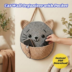Schema per appendino da parete all'uncinetto in formato PDF / Organizer da parete a forma di gatto con tasca / Decorazione da parete all'uncinetto da appendere / Schema all'uncinetto per principianti